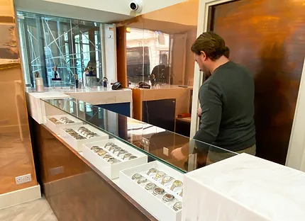 Luxury watches in the display case at Kettle Club, Liverpool Street London